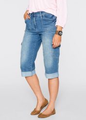 Dżinsy bojówki mid waist, ze stretchem. Niebieskie jeansy damskie bonprix. Za 112.99 zł.
