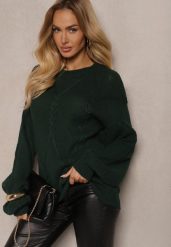 Ciemnozielony Sweter z Ozdobnym Tłoczeniem i Ściągaczami Temariel. Zielone swetry klasyczne damskie Renee, z jeansu, bez kołnierzyka. Za 79.99 zł.