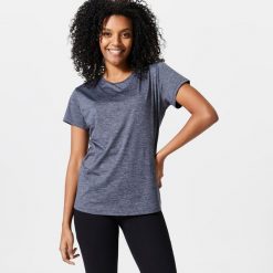 Koszulka fitness damska Domyos krótki rękaw. Czarne koszulki sportowe damskie DOMYOS, l, bez wzorów, z elastanu, bez ramiączek, na fitness i siłownię. Za 34.99 zł.