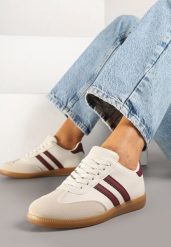 Beżowo-Bordowe Sneakersy w Stylu Klasycznych Tenisówek z Ozdobnymi Przeszyciami Revasa. Brązowe obuwie sportowe damskie Born2be, z jeansu, bez zapięcia, tenisowe. Za 64.99 zł.