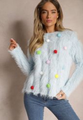 Jasnoniebieski Sweter z Dodatkiem Wełny z Alpaki i Kolorowymi Pomponami Felinora. Niebieskie swetry klasyczne damskie Renee, z wełny, bez kołnierzyka. Za 99.99 zł.