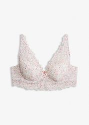 Biustonosz z usztywnianymi miseczkami z koronką we wzór w kwiaty. Białe biustonosze bonprix, bez wzorów, z koronki. Za 37.99 zł.