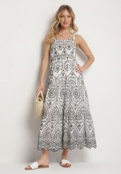 Czarno-Biała Bawełniana Sukienka Ozdobiona Haftem Sadonique. Czarne sukienki damskie Born2be, z aplikacjami, z bawełny, eleganckie, bez ramiączek. Za 169.99 zł.