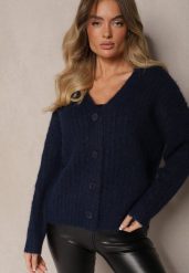 Granatowy Rozpinany Kardigan z Wełną i Ściągaczami przy Rękawach Ciarella. Niebieskie kardigany damskie Renee, bez wzorów, z wełny. Za 169.99 zł.