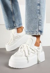 Białe Sneakersy na Platformie Ozdobione Sznurowaniem Vilvia. Białe obuwie sportowe damskie Renee, z jeansu, bez zapięcia. Za 59.99 zł.