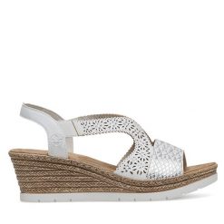 Sandały Rieker. Białe sandały damskie Rieker, bez wzorów, bez obcasa, na koturnie, bez zapięcia. Za 299.99 zł.
