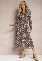 Brązowa Koszulowa Sukienka Midi Ozdobiona Geometrycznym Wzorem i Wiązanym Paskiem Aripel. Brązowe sukienki damskie Renee, bez wzorów, z materiału, eleganckie, bez ramiączek. W wyprzedaży za 143.99 zł.
