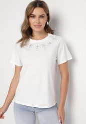 Biała Bawełniana Bluzka T-shirt Ozdobiona Cyrkoniami Marivista. Białe bluzki damskie Born2be, l, bez wzorów, z bawełny, bez kołnierzyka. Za 39.99 zł.