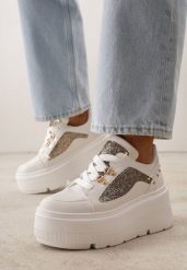 Białe Sneakersy VICES na Koturnie z Brokatem Elanatale. Białe obuwie sportowe damskie Born2be, bez zapięcia. Za 129.99 zł.