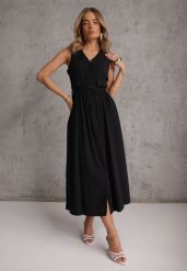 Czarna Rozkloszowana Sukienka z Bawełną i Wiskozą Ozdobiona Paskiem Amalis. Czarne sukienki damskie Renee, bez wzorów, z bawełny, biznesowe, bez ramiączek. Za 159.99 zł.