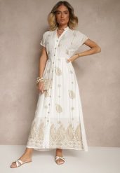 Biała Sukienka Koszulowa z Bawełną i Metaliczną Nicią Ullio. Białe sukienki damskie Renee, bez wzorów, z bawełny, eleganckie, bez ramiączek. W wyprzedaży za 119.99 zł.