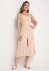 Pomarańczowa Sukienka Rozkloszowana na Ramiączkach z Guzikami z Wiskozą Efrinelle. Brązowe sukienki damskie Born2be, bez wzorów, z wiskozy, eleganckie, bez ramiączek. Za 119.99 zł.
