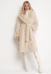 Beżowy Futerkowy Płaszcz z Szerokim Kołnierzem i Mankietami z Wiązanym Paskiem Viaruna. Brązowe płaszcze damskie Born2be, l, bez wzorów, z dzianiny, bez kaptura. Za 349.99 zł.