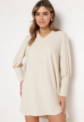Jasnobeżowa Rozkloszowana Sukienka Pudełkowa z Bufiastymi Rękawami Gwelan. Brązowe sukienki damskie Born2be, bez wzorów, eleganckie, bez ramiączek. Za 39.99 zł.
