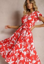Czerwona Sukienka z Kopertowym Dekoltem Plisowanym Dołem Wykończona w Talii Paskiem i Gumką Elsavia. Czerwone sukienki damskie Renee, bez wzorów, eleganckie, bez ramiączek. W wyprzedaży za 50.99 zł.