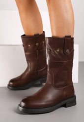 Brązowe Botki z Nitami i Przeszyciami Tatina. Brązowe botki damskie Born2be, z jeansu, eleganckie, bez obcasa, na płaskiej podeszwie, bez zapięcia. Za 84.99 zł.