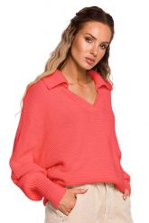 Sweter w Szpic z Kołnierzykiem - Brzoskwiniowy. Pomarańczowe swetry klasyczne damskie MOE, l, z materiału, bez kołnierzyka. Za 228.90 zł.