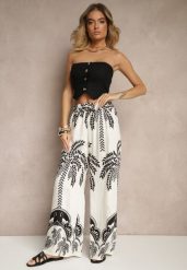 Białe Spodnie z Wiskozy o Szerokim Kroju High Waist z Palmami Varritia. Białe spodnie materiałowe damskie Renee, bez wzorów, z jeansu. Za 39.99 zł.