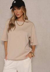 Jasnobeżowy Basicowy T-shirt z Bawełną Meronissea. Brązowe t-shirty damskie Renee, bez wzorów, z bawełny, bez kołnierzyka. Za 54.99 zł.