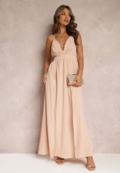 Beżowa Rozkloszowana Sukienka Maxi na Ramiączkach z Trójkątnym Dekoltem Claudi. Brązowe sukienki damskie Renee, bez wzorów, z tkaniny, eleganckie, bez ramiączek. W wyprzedaży za 99.99 zł.