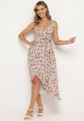 Niebiesko-Czerwona Bawełniana Sukienka na Ramiączkach z Kopertowym Dekoltem i Asymetrycznym Rozcięciem Xiloa. Niebieskie sukienki damskie Born2be, bez wzorów, z bawełny, bez ramiączek. Za 69.99 zł.