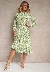 Zielona Rozkloszowana Sukienka z Gumką w Talii Zdobiona Falbankami Ridirina. Zielone sukienki damskie Renee, z aplikacjami, eleganckie, bez ramiączek. W wyprzedaży za 83.99 zł.