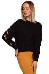 Czarny Sweter z Rozcięciem na Rękawach. Czarne swetry klasyczne damskie MOE, l, z materiału, bez kołnierzyka. Za 219.90 zł.