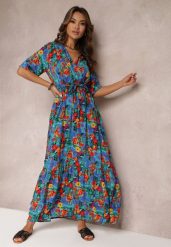 Niebiesko-Zielona Sukienka z Wiskozy Lylian. Niebieskie sukienki damskie Renee, z aplikacjami, z wiskozy, eleganckie, bez ramiączek. W wyprzedaży za 75.99 zł.