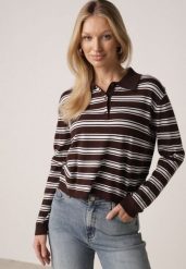 Brązowy Sweter w Paski z Kołnierzykiem z Wiskozą Minkalia. Brązowe swetry klasyczne damskie Born2be, m, z jeansu, bez kołnierzyka. Za 119.99 zł.