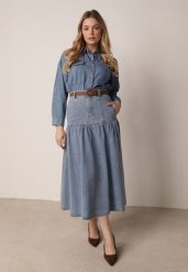 Niebieska Bawełniana Spódnica Jeansowa z Rozkloszowanym Dołem i Plecionym Paskiem Doriame. Niebieskie spódnice damskie Born2be, do pracy, l, bez wzorów, z bawełny, biznesowe, midi. Za 189.99 zł.