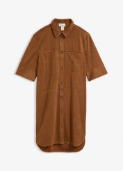 Sukienka szmizjerka z imitacji zamszu. Brązowe sukienki damskie bonprix, bez wzorów, bez ramiączek. Za 259.99 zł.