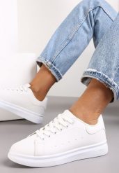 Białe Wiązane Sneakersy na Płaskiej Podeszwie z Modną Wstawką Zanelih. Białe obuwie sportowe damskie Renee, bez zapięcia. Za 49.99 zł.