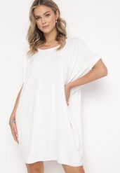 Biała Mini Sukienka z Krótkim Rękawem o Fasonie Nietoperza Kharson. Białe sukienki damskie Born2be, bez wzorów, boho, bez ramiączek. Za 79.99 zł.