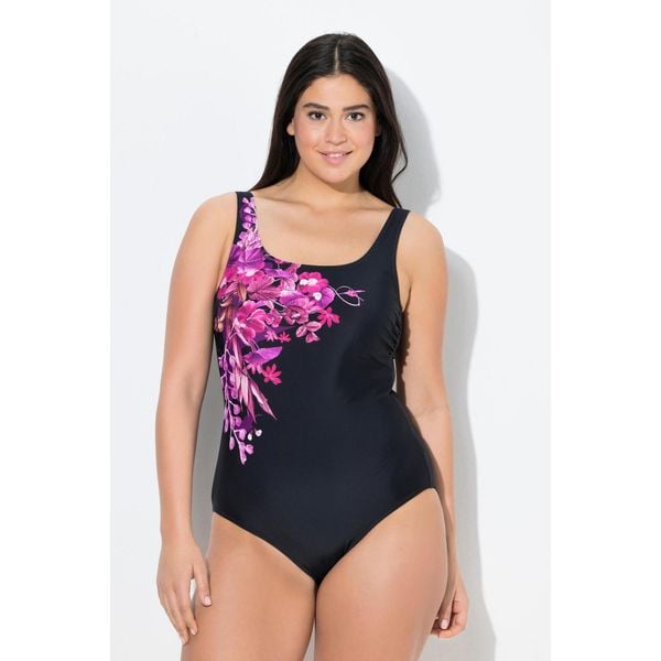 Damskie Kostium kąpielowy kwiaty bez miękkich miseczek okrągły dekolt. Czarne stroje jednoczęściowe Ulla Popken, bez wzorów, z elastanu. Za 199.99 zł.