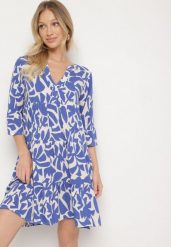 Niebieska Wiskozowa Rozkloszowana Sukienka z Abstrakcyjnym Wzorem Liracalia. Niebieskie sukienki damskie Born2be, bez wzorów, z tkaniny, eleganckie, bez ramiączek. W wyprzedaży za 84.99 zł.