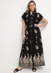 Czarna Koszulowa Sukienka z Bawełną Ozdobiona Metaliczną Nicią Tirlio. Czarne sukienki damskie Born2be, z aplikacjami, z bawełny, eleganckie, bez ramiączek. Za 169.99 zł.