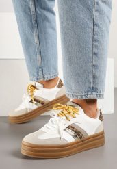 Biało-Brązowe Sneakersy w Stylu Kultowych Tenisówek z Dodatkowymi Sznurówkami Nasalla. Białe obuwie sportowe damskie Born2be, z jeansu, bez zapięcia, tenisowe. Za 99.99 zł.