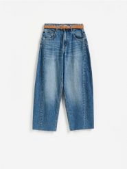 Jeansy barrel leg z paskiem - niebieski. Niebieskie jeansy damskie Reserved. Za 149.99 zł.
