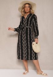 Czarna Wiskozowa Sukienka o Koszulowym Kroju z Haftem i Wiązanym Paskiem Salliene. Czarne sukienki damskie Renee, z aplikacjami, z wiskozy, eleganckie, bez ramiączek. Za 139.99 zł.