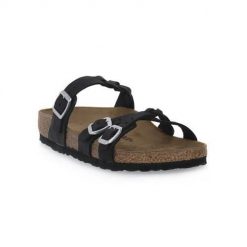 Klapki damskie Birkenstock Franca Braided. Czarne klapki damskie Birkenstock, bez wzorów, z materiału, bez obcasa, bez zapięcia. Za 812.00 zł.