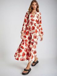 Monki Sukienka w kolorze kremowo-czerwonym rozmiar: XL. Brązowe sukienki damskie Monki, bez wzorów, z wiskozy, bez ramiączek. Za 43.99 zł.