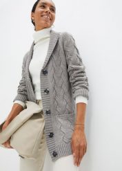 Sweter rozpinany z szalowym kołnierzem i wzorem w warkocze. Czarne kardigany damskie bonprix, bez wzorów. Za 112.99 zł.