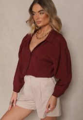 Bordowa Koszula z Modalem o Fasonie Oversize Adavelle. Czerwone koszule damskie Renee, bez wzorów, z jeansu, eleganckie, bez kołnierzyka, bez ramiączek. Za 109.99 zł.