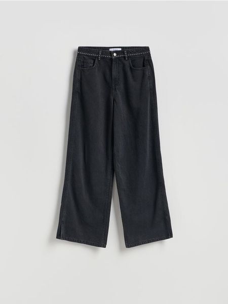 Jeansy wide leg z aplikacjami - czarny. Czarne jeansy damskie Reserved. Za 159.99 zł.