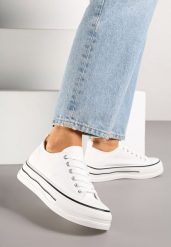 Białe Casualowe Trampki na Niskiej Platformie Natirinne. Białe trampki damskie Renee, bez wzorów, z jeansu, bez zapięcia. Za 69.99 zł.
