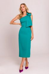 Elegancka sukienka ołówkowa na jedno ramię z kokardą turkus. Niebieskie sukienki damskie MOE, bez wzorów, z elastanu, eleganckie, bez ramiączek. Za 409.00 zł.