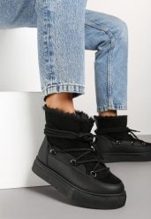 Czarne Śniegowce na Grubej Podeszwie ze Sznurowaniem Izandra. Czarne śniegowce damskie Born2be, z wełny. Za 89.99 zł.