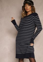 Granatowa Dzianinowa Sukienka z Wiskozą Zdobiona Wzorem w Paski i Ściągaczami Delwenna. Niebieskie sukienki damskie Renee, z aplikacjami, z dzianiny, eleganckie, bez ramiączek. W wyprzedaży za 95.99 zł.