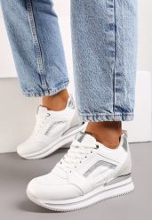 Biało-Srebrne Sneakersy na Ukrytym Koturnie z Metaliczną Wstawką i Brokatem Forcia. Białe obuwie sportowe damskie Born2be, z materiału, bez zapięcia. Za 59.99 zł.