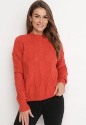 Pomarańczowy Sweter o Warkoczowym Splocie z Okrągłym Dekoltem Selinera. Brązowe swetry klasyczne damskie Born2be, z dzianiny, bez kołnierzyka. Za 84.99 zł.